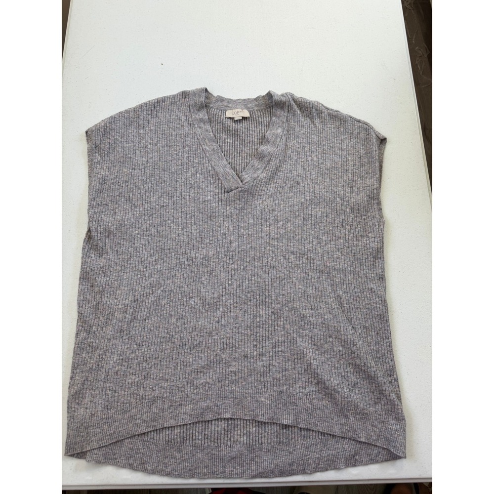 Loft Outlet Womens Large Grey Ribbed V-Neck Sweater Vest High Low Hem 5233